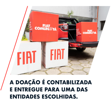Imagem com um veículo da Fiat carregada com doações e o texto"A Doação é contabilizada e entregue para uma das entidades escolhidas".